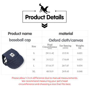 Dog Baseball Cap Outdoor Pet Sun Hat Summer Canvas Visor Puppy S-XL