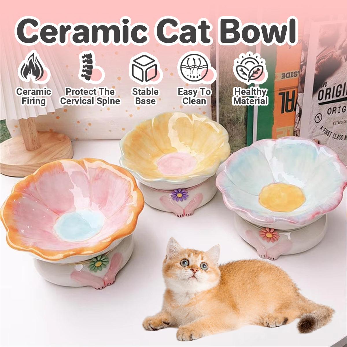 Tilted Ceramic Cat Bowl Elevated Pet Feeding Dish for Cats and Small Dogs