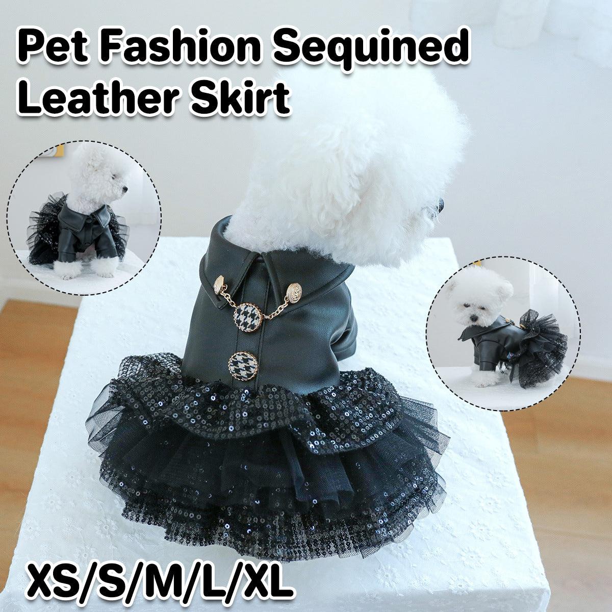 Faux Leather Dog Dress with Sequins Stylish Small Pet Outfit for Autumn & Winter