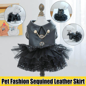 Faux Leather Dog Dress with Sequins Stylish Small Pet Outfit for Autumn & Winter