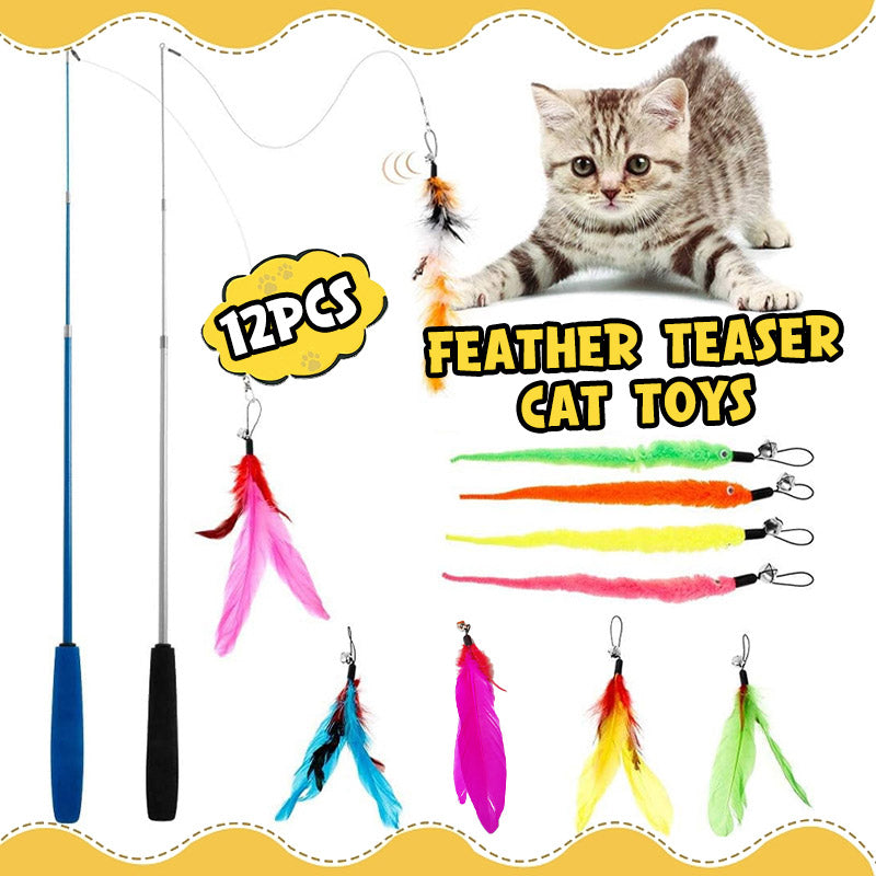 12pcs Interactive Cat Toy Feather Teaser Rod