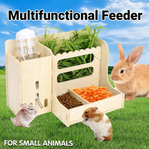 Wooden Feeder Stand for Small Pets Hay Rack Food and Water Holder