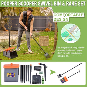 Pooper Scooper Swivel Bin & Rake Set Easy Pet Waste Cleanup with 35 Bags