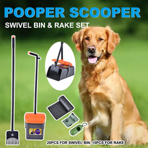 Pooper Scooper Swivel Bin & Rake Set Easy Pet Waste Cleanup with 35 Bags