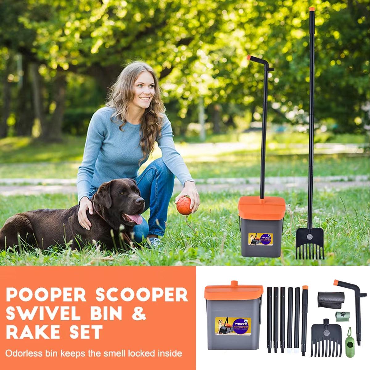 Pooper Scooper Swivel Bin & Rake Set Easy Pet Waste Cleanup with 35 Bags