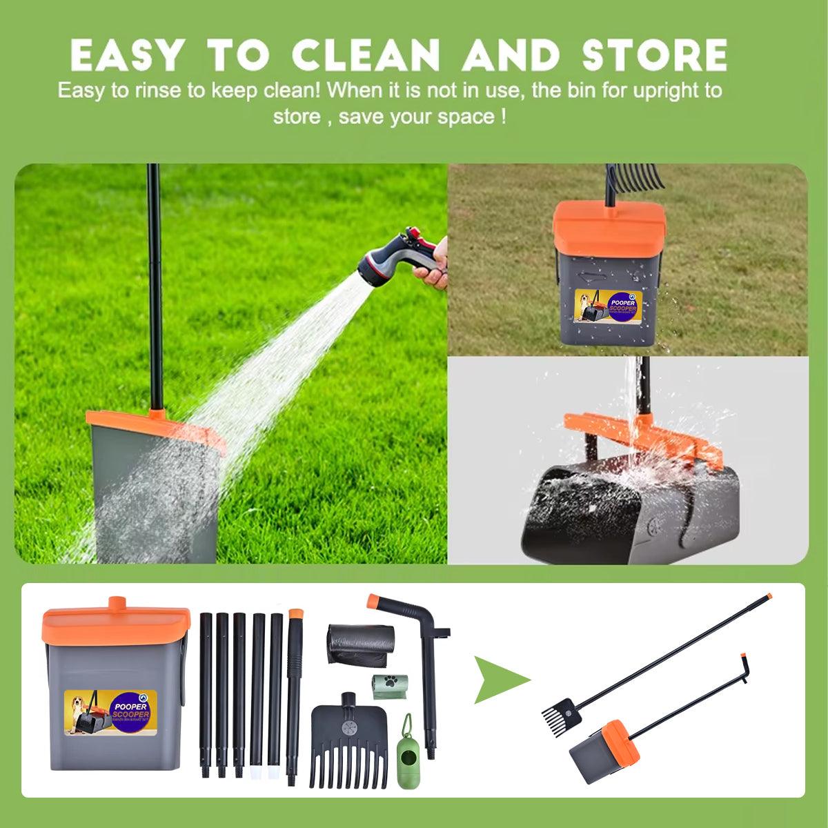 Pooper Scooper Swivel Bin & Rake Set Easy Pet Waste Cleanup with 35 Bags