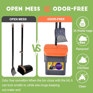 Pooper Scooper Swivel Bin & Rake Set Easy Pet Waste Cleanup with 35 Bags