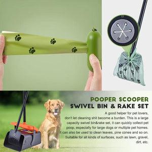 Pooper Scooper Swivel Bin & Rake Set Easy Pet Waste Cleanup with 35 Bags