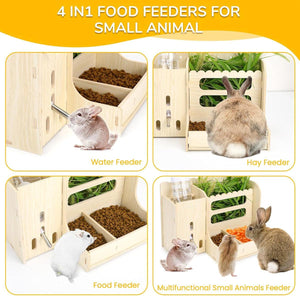 Wooden Feeder Stand for Small Pets Hay Rack Food and Water Holder