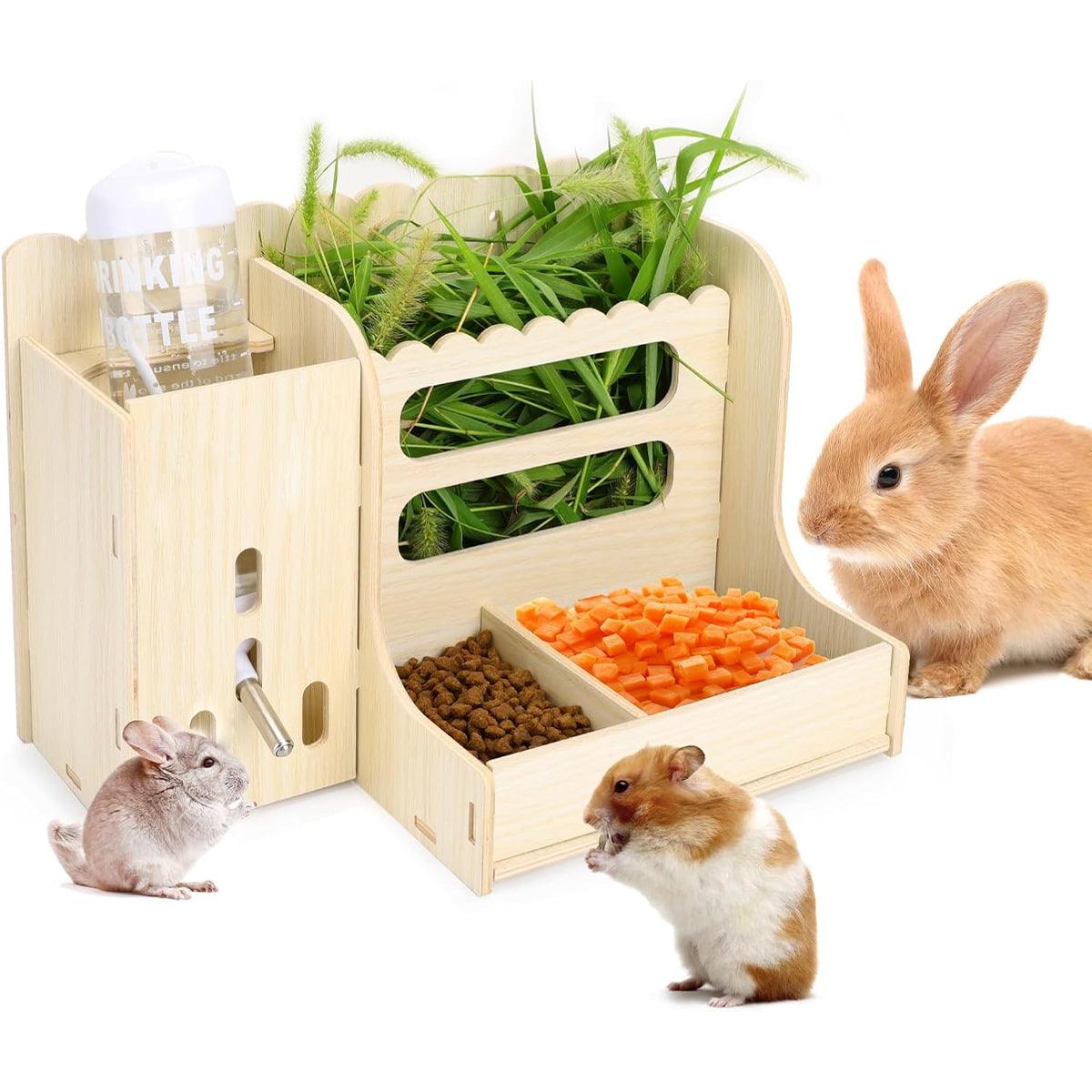 Wooden Feeder Stand for Small Pets Hay Rack Food and Water Holder