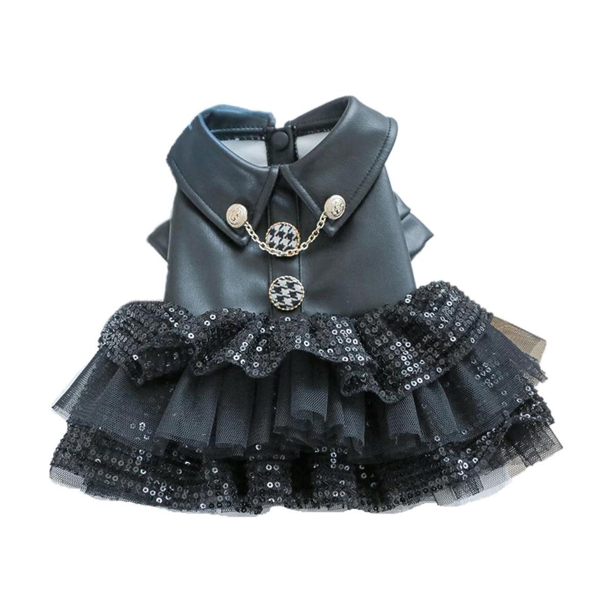 Faux Leather Dog Dress with Sequins Stylish Small Pet Outfit for Autumn & Winter