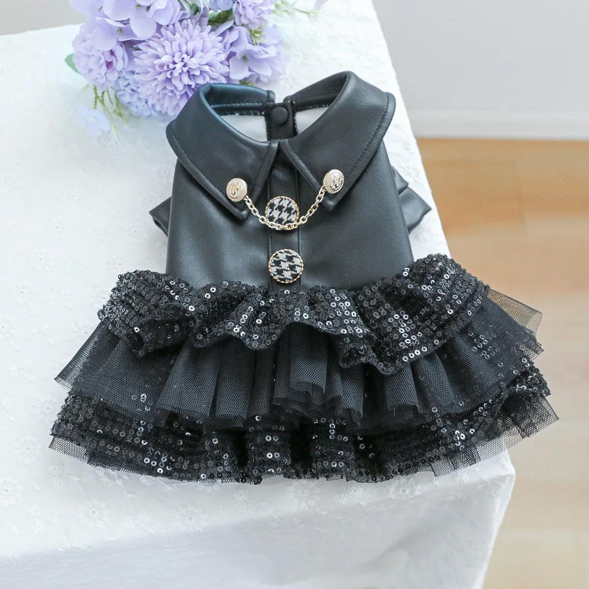 Faux Leather Dog Dress with Sequins Stylish Small Pet Outfit for Autumn & Winter