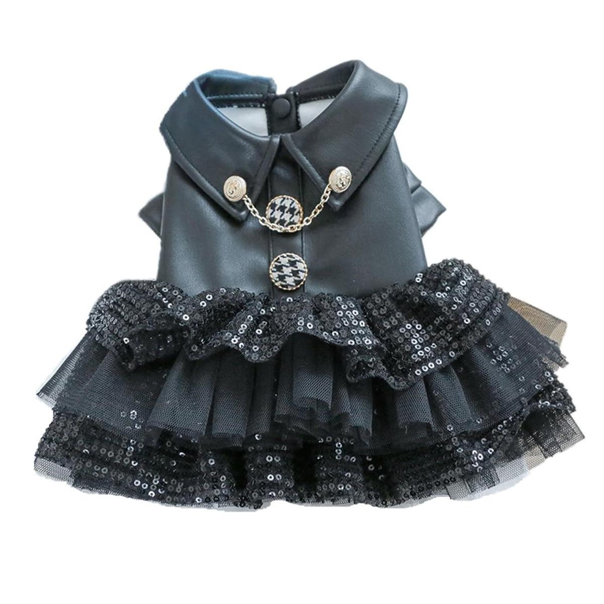 Faux Leather Dog Dress with Sequins Stylish Small Pet Outfit for Autumn & Winter