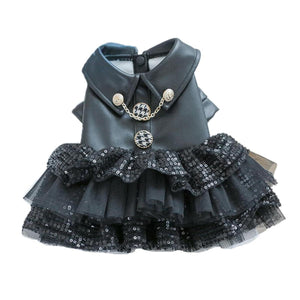 Faux Leather Dog Dress with Sequins Stylish Small Pet Outfit for Autumn & Winter