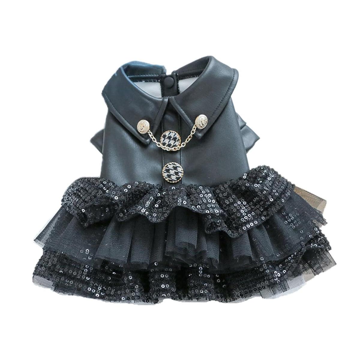 Faux Leather Dog Dress with Sequins Stylish Small Pet Outfit for Autumn & Winter