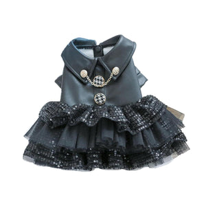 Faux Leather Dog Dress with Sequins Stylish Small Pet Outfit for Autumn & Winter