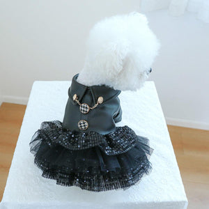 Faux Leather Dog Dress with Sequins Stylish Small Pet Outfit for Autumn & Winter