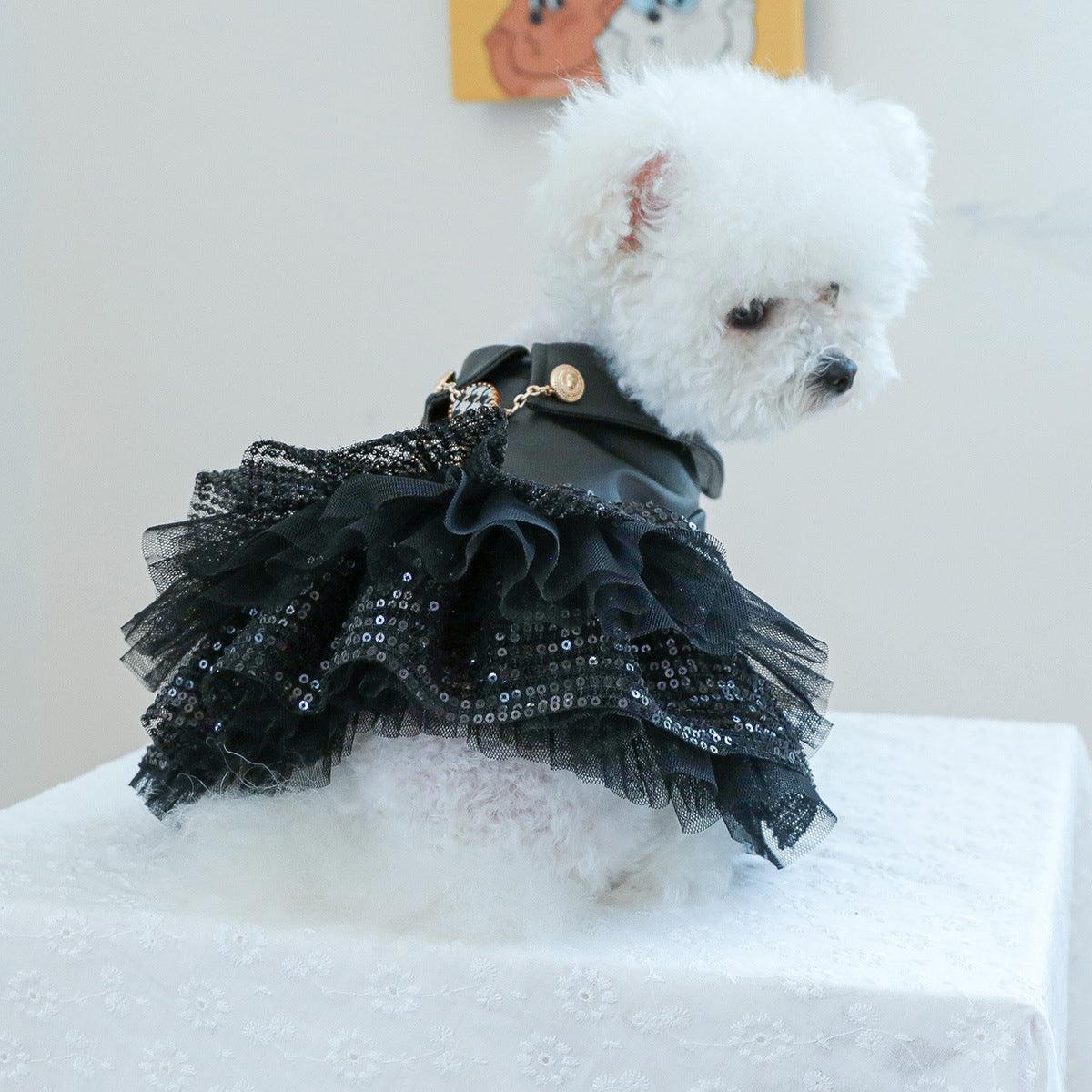 Faux Leather Dog Dress with Sequins Stylish Small Pet Outfit for Autumn & Winter