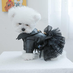 Faux Leather Dog Dress with Sequins Stylish Small Pet Outfit for Autumn & Winter