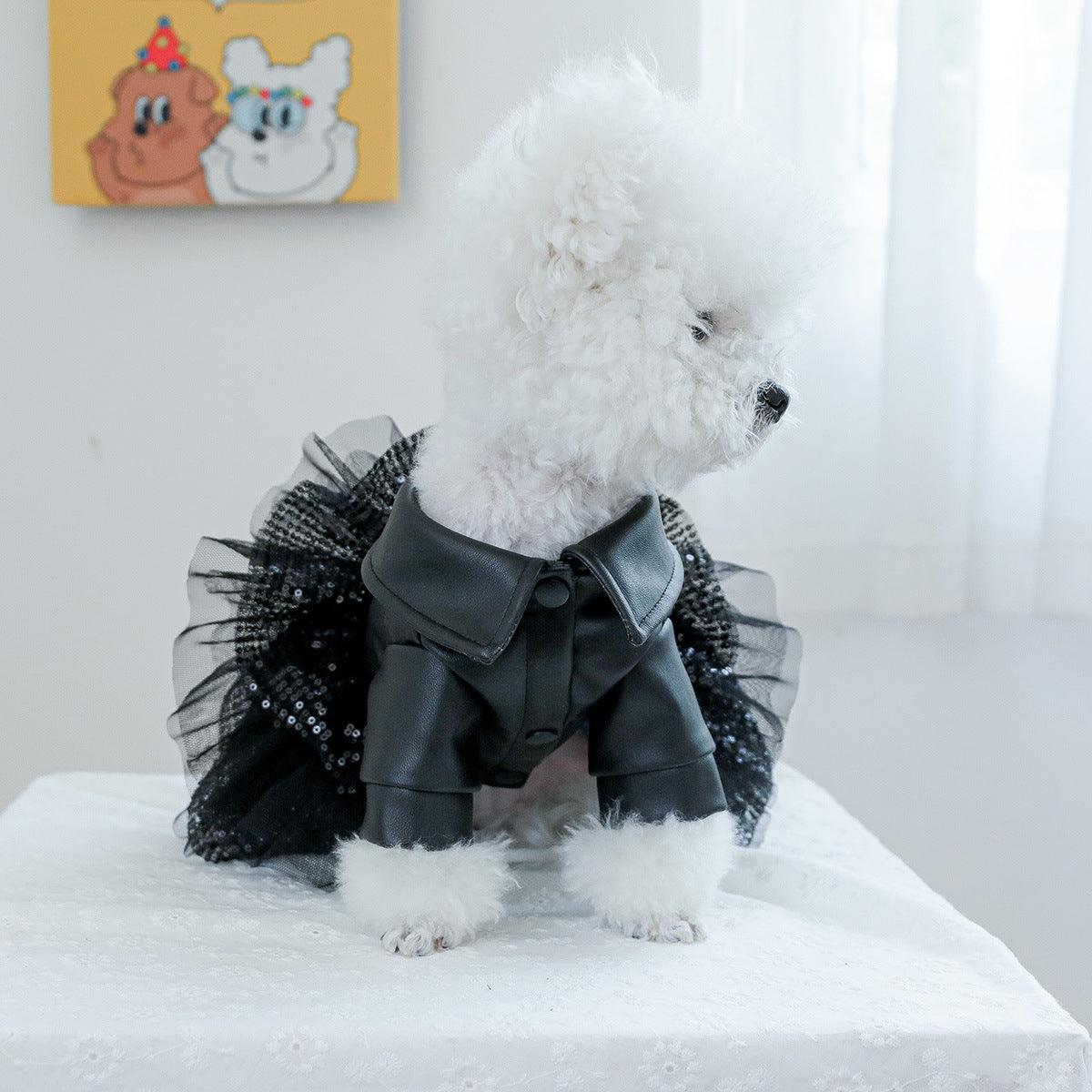 Faux Leather Dog Dress with Sequins Stylish Small Pet Outfit for Autumn & Winter