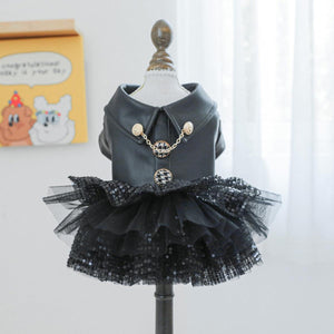 Faux Leather Dog Dress with Sequins Stylish Small Pet Outfit for Autumn & Winter