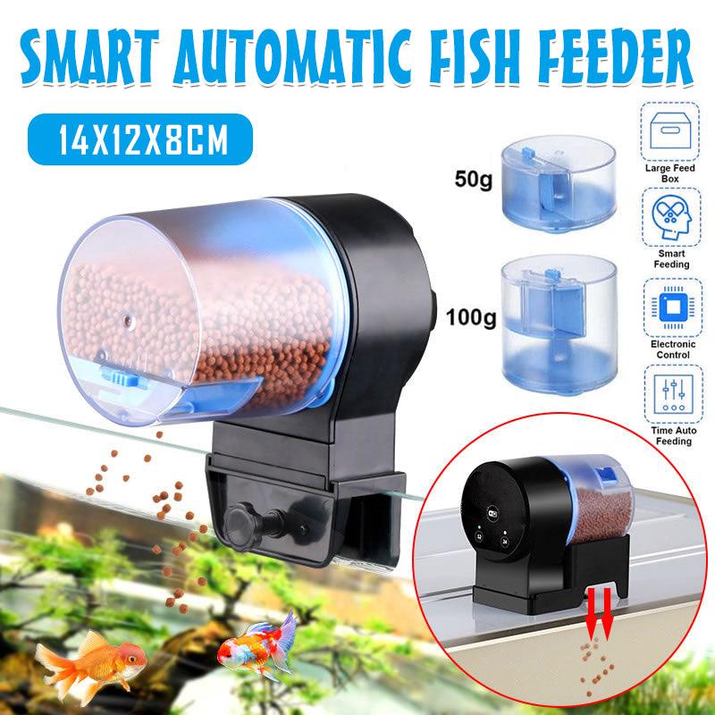 Fish food auto feeder mounted on an aquarium with adjustable dispensing settings