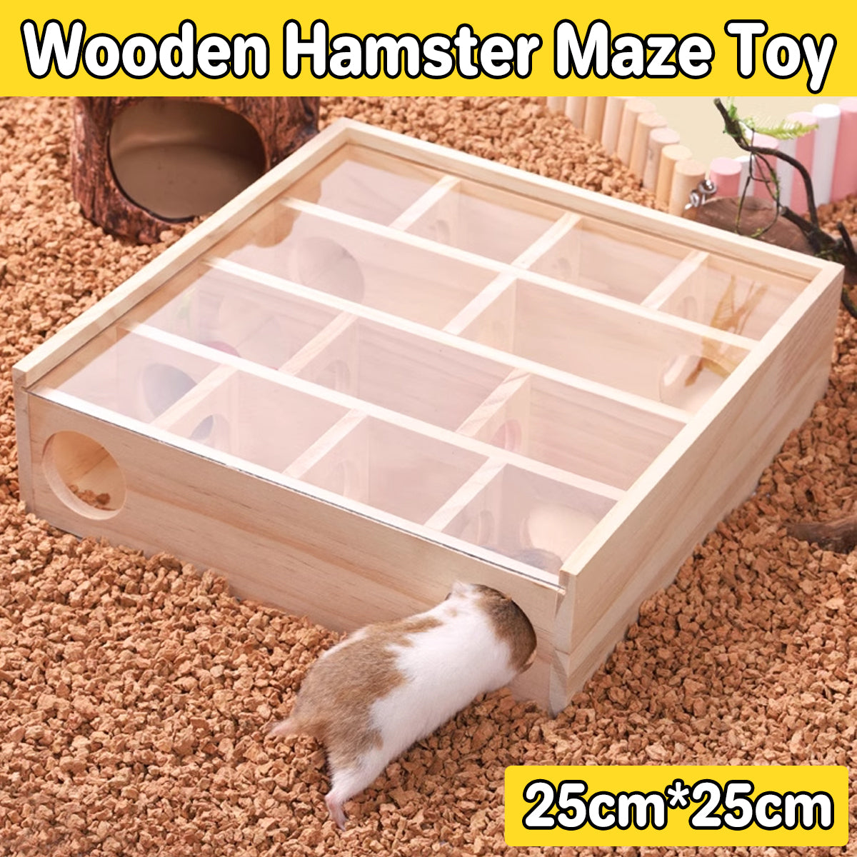 Interactive wooden hamster toy with maze design for small pet enrichment and exercise.