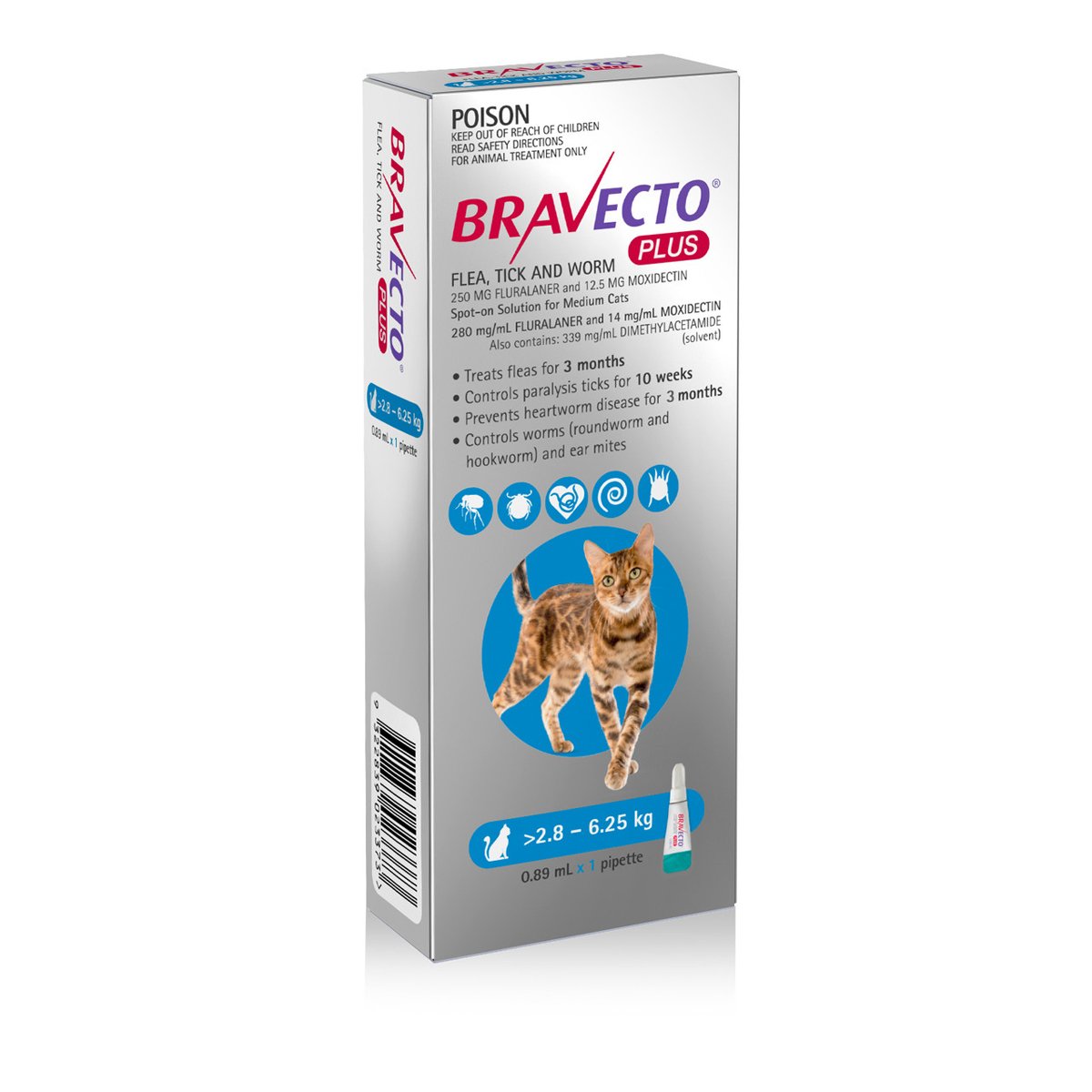 Bravecto Plus for Medium Cats 2.8-6.25KG Cats 3 Month 2 X PIP