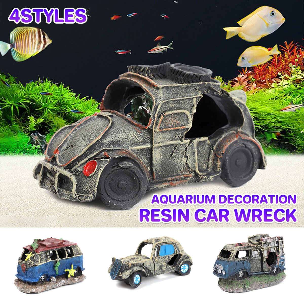 Aquarium Rocks Aquarium Decoration Resin Car Wreck Fish Shrimp Escape House