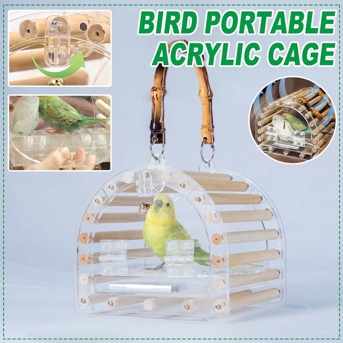 Lightweight Portable Acrylic Bird Cage with Bamboo Handle