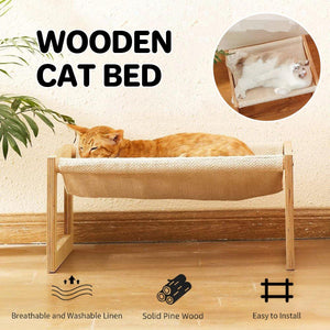 Wooden Cat Bed Elevated Cat Hammock with Breathable Linen Fabric