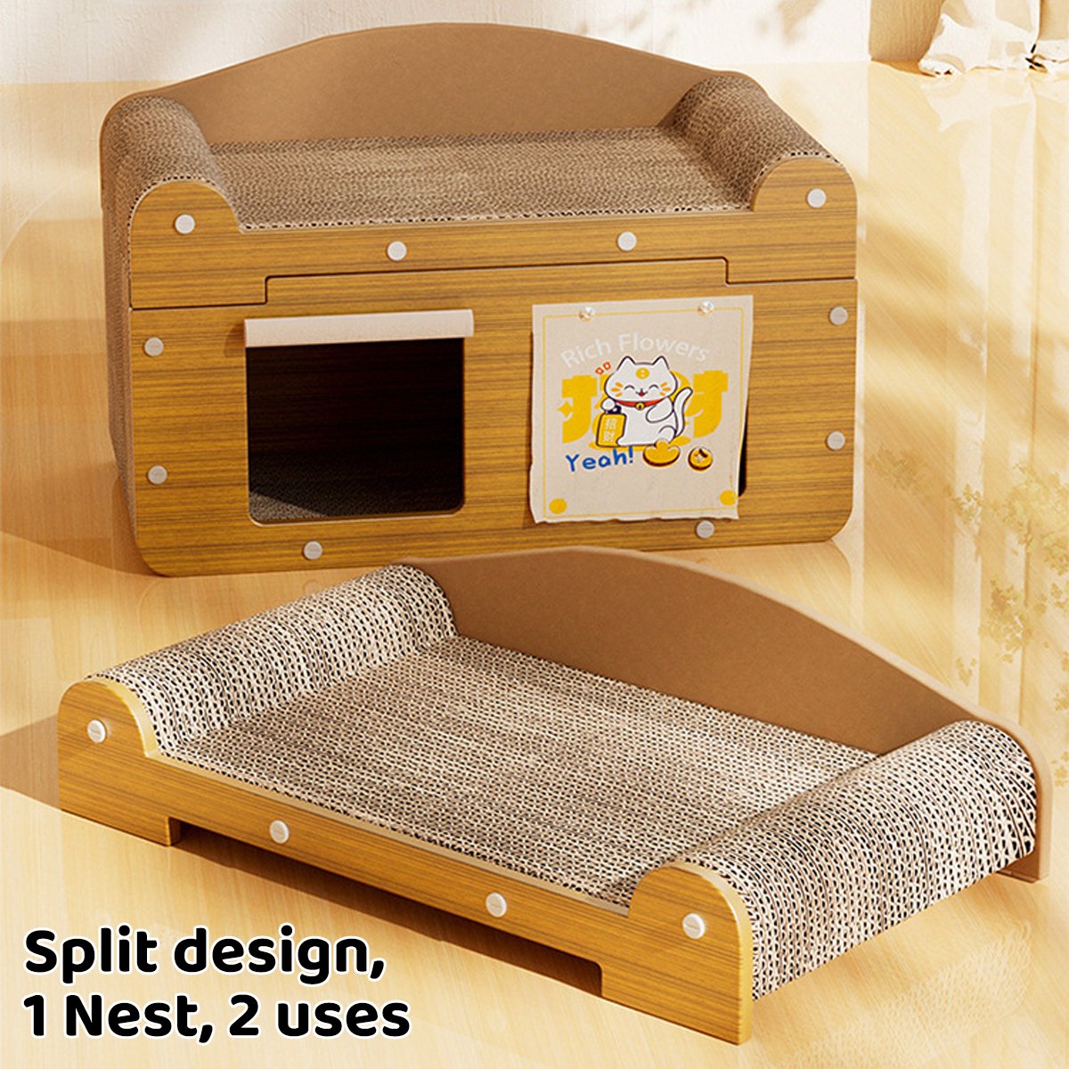 Two-door Corrugated Cat Scratch Board Toy With Door Curtain Double-layer Cat House