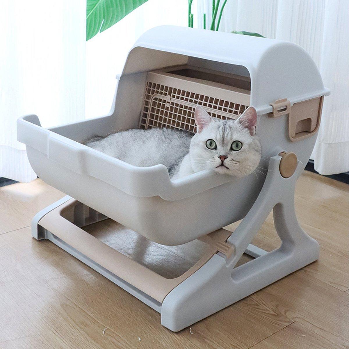 Semi Automatic Cat Litter Box Large Anti Splash Semi Enclosed Kitty Toilet