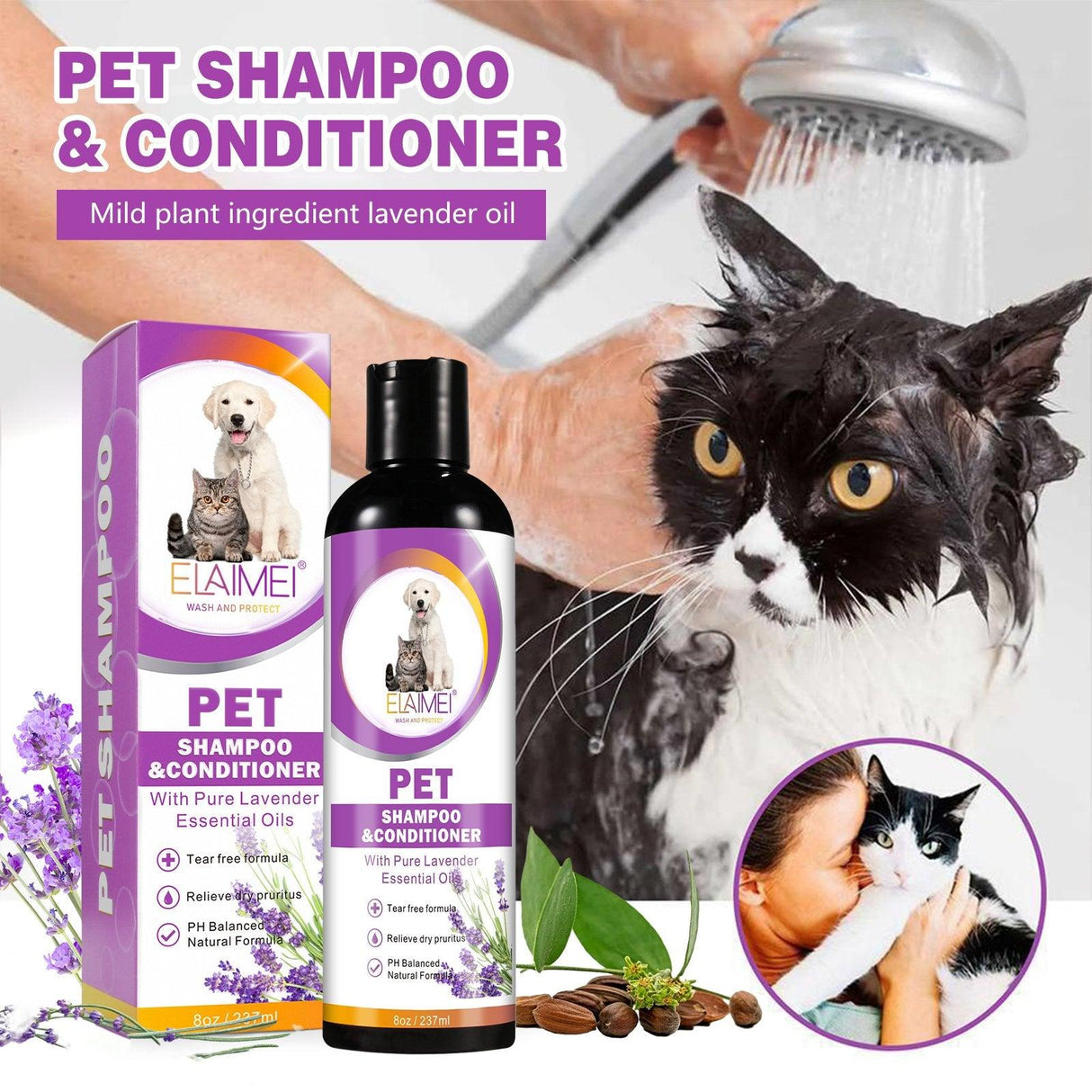 Dog shampoo and conditioner with lavender essential oils for sensitive skin