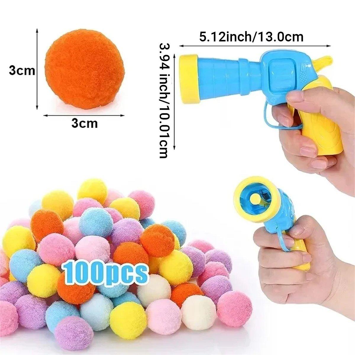 Cat Ball Gun Interactive Toy with 100pcs Colourful Stretch Plush Pom Pom Ball