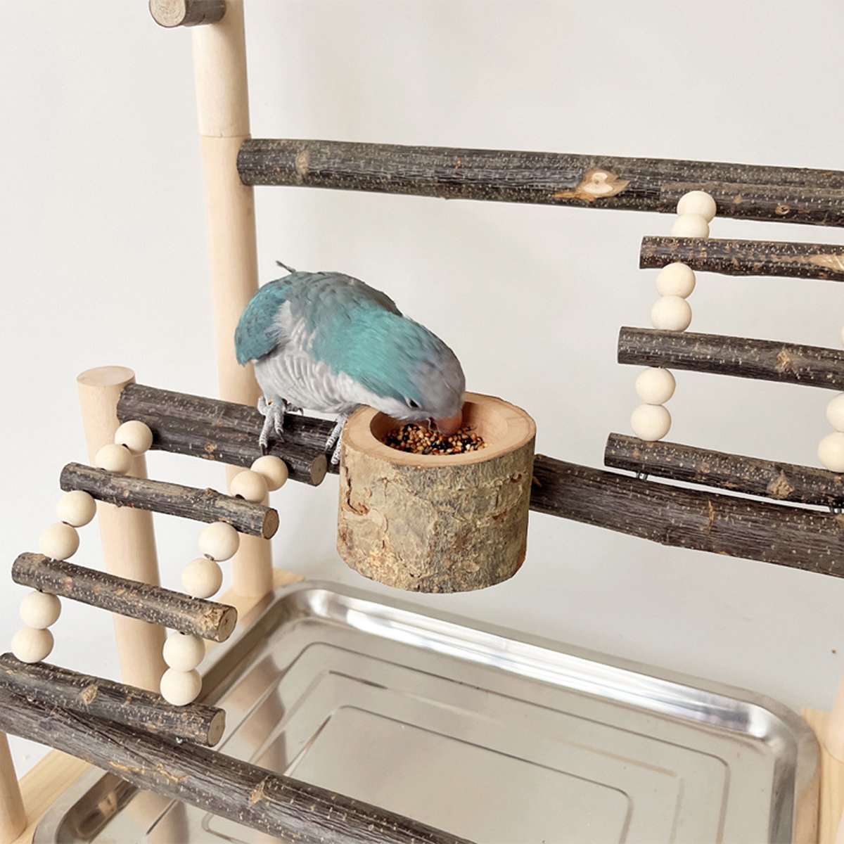 Wooden Parrot Stand Pole Interactive Bird Stand with Food Bowl