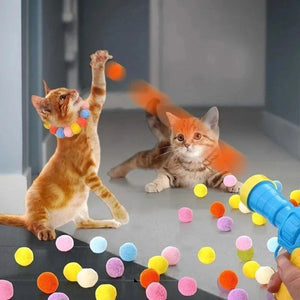 Cat Ball Gun Interactive Toy with 100pcs Colourful Stretch Plush Pom Pom Ball