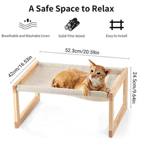 Wooden Cat Bed Elevated Cat Hammock with Breathable Linen Fabric