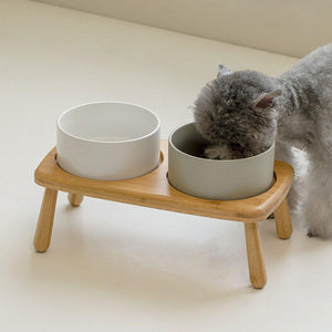 Anti-Slip Ceramic Pet Bowl with Elevated Wooden Stand