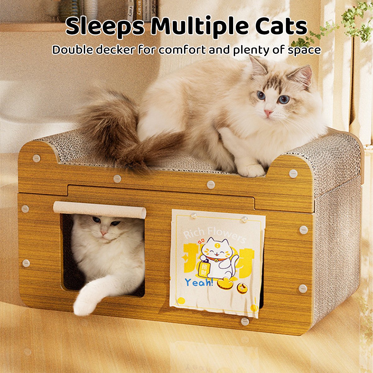 Two-door Corrugated Cat Scratch Board Toy With Door Curtain Double-layer Cat House