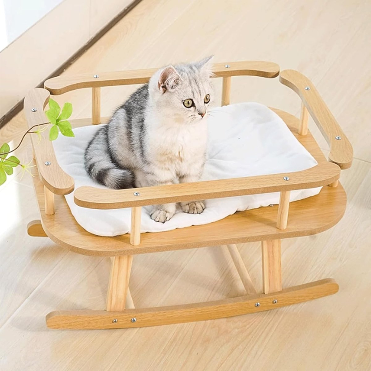 Wooden Cat Bed Simple Rocking Pet Bed Elevated Sleeping Furniture