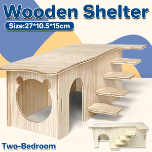 Wooden Hamster Maze House Durable Two-Bedroom Shelter for Small Pets