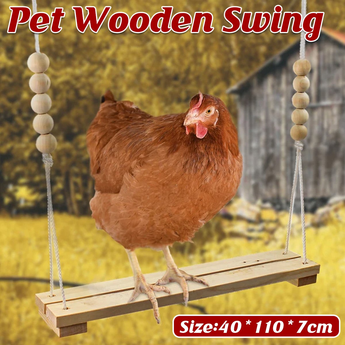 Durable Wooden Chicken Swing  Adjustable Rope & Handmade Beads