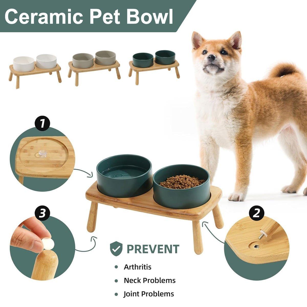 Anti-Slip Ceramic Pet Bowl with Elevated Wooden Stand