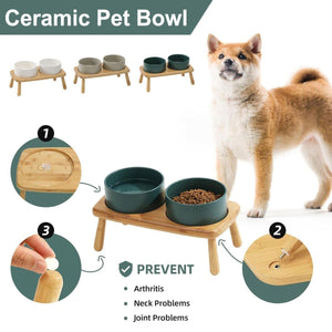 Anti-Slip Ceramic Pet Bowl with Elevated Wooden Stand