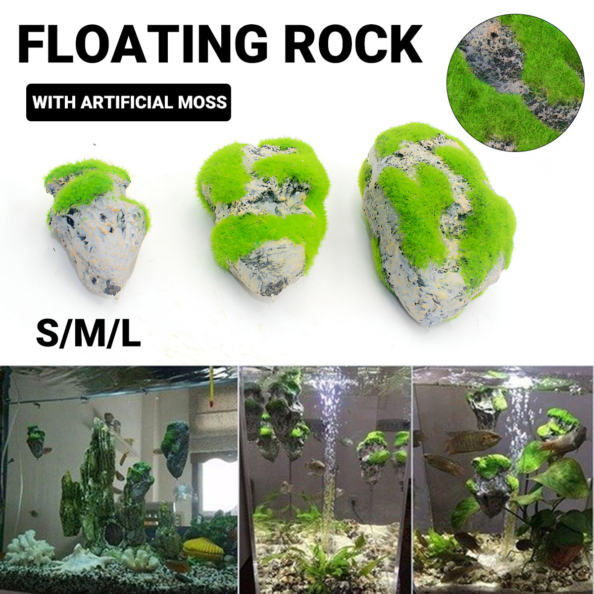 Floating Rock with Artificial Moss for Aquariums Decorative Aquarium Rock