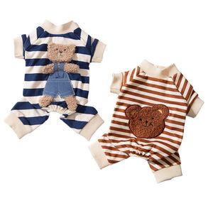 Cute Bear Striped Dog Coat Pet Outfit Cozy Pajamas for Pets