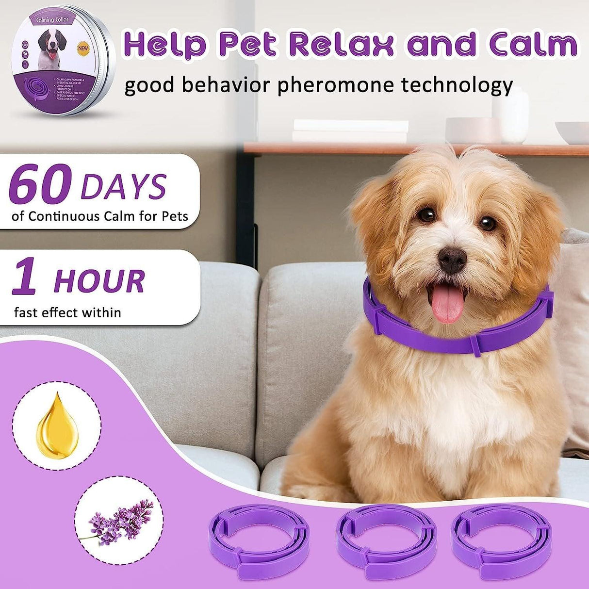 3/6PCS Pet Calming Collar Adjustable Anti-anxiety for Cats Dogs Stress Reduction