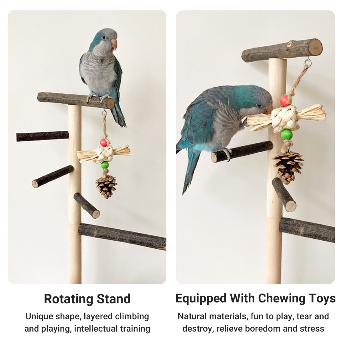 Wooden Parrot Stand Pole Interactive Bird Stand with Food Bowl