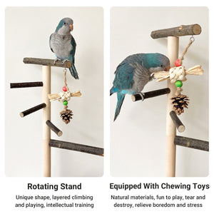 Wooden Parrot Stand Pole Interactive Bird Stand with Food Bowl